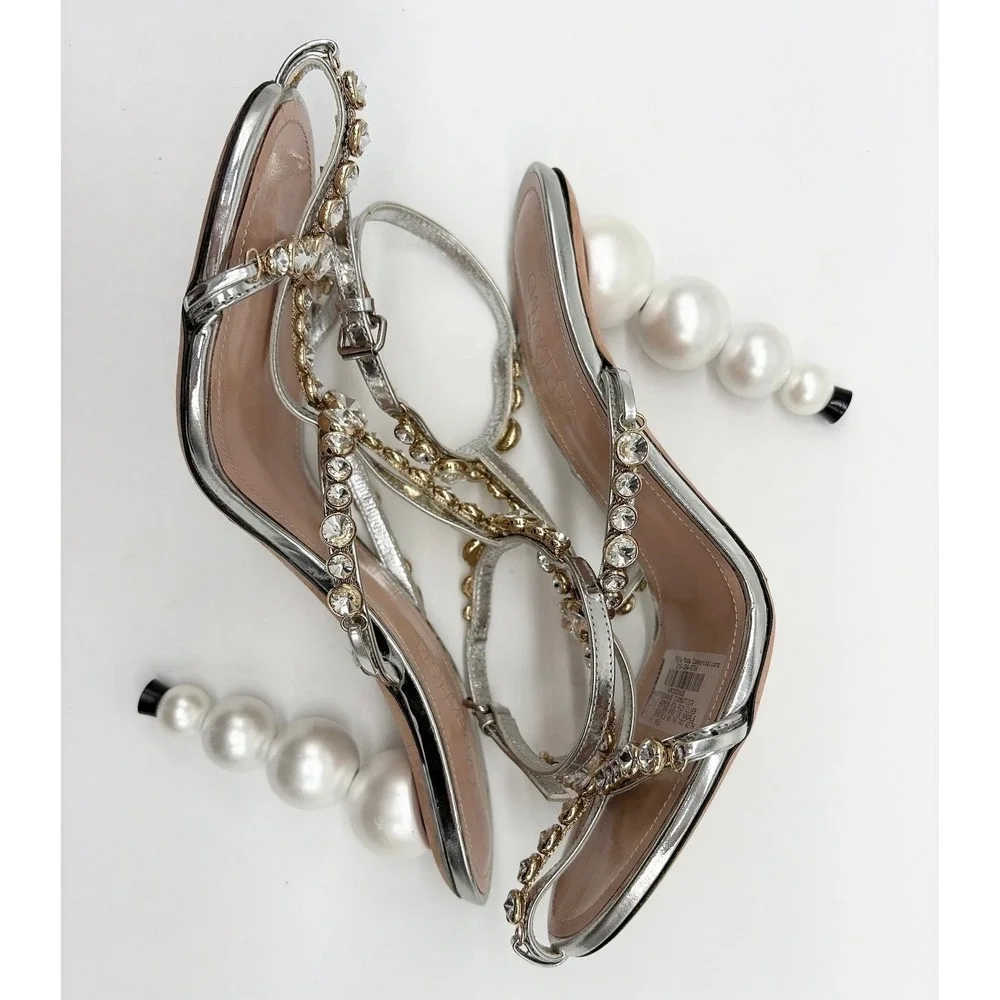 Giambattista Valli Crystal-Embellished T-Strap‎ Sandals Pearl Heel Bridal 39